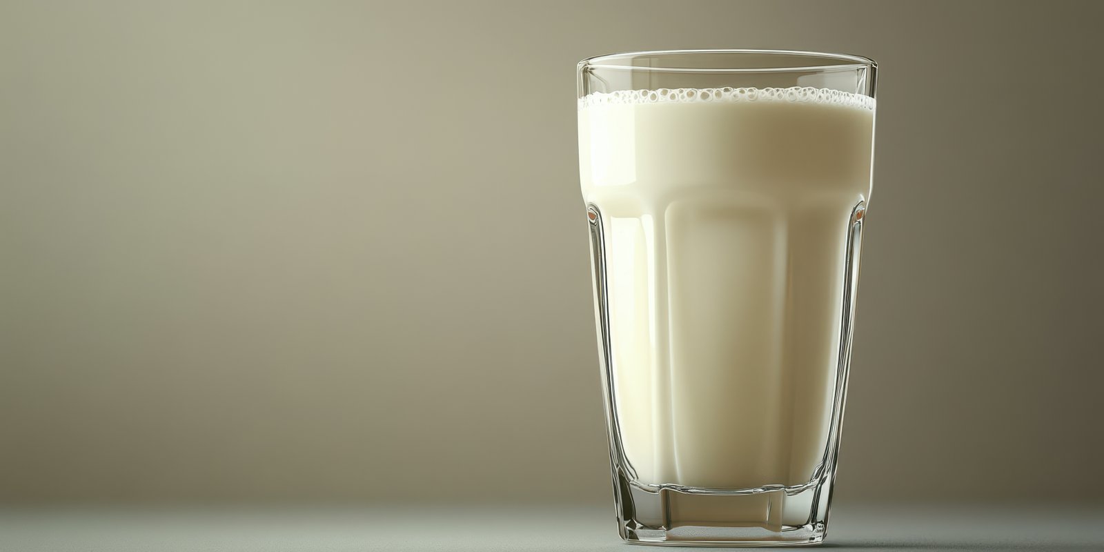 Delicious cold milk served in a clear glass against a neutral background during the afternoon hours